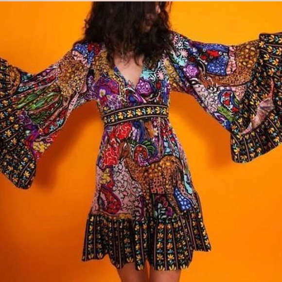 Betsey Johnson Dresses & Skirts - Vintage Betsey Johnson Bambi Dress Size 8 Bell Sleeve Mini Retro 70s Hippie RARE